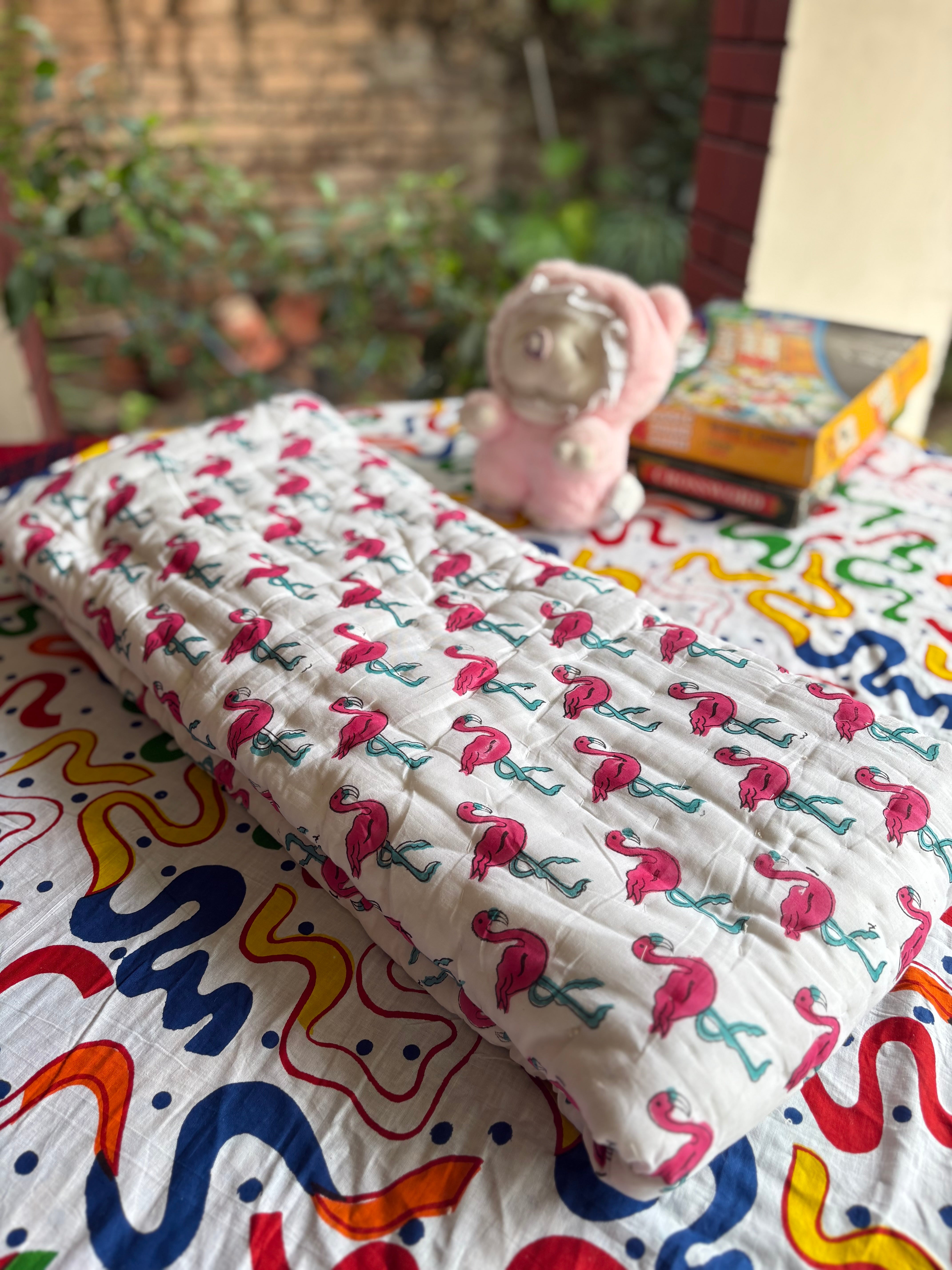 Flamingo Handblock Baby Quilt (Surgical Cotton)