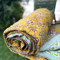 Hand Block Mustard Marigold Bedsheet & Reversible Comforter Set | 100% Cotton Bedding Set