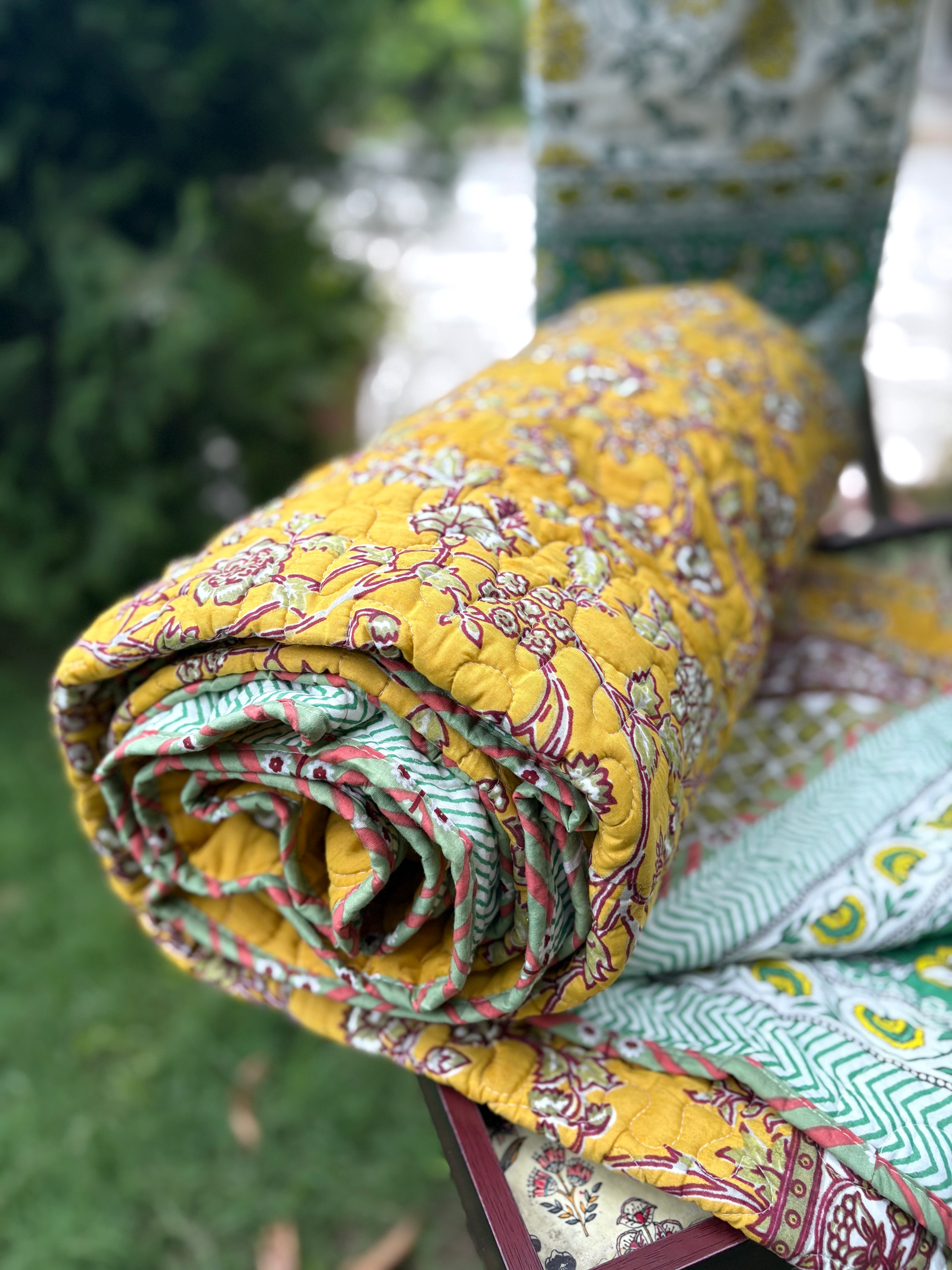 Hand Block Mustard Marigold Bedsheet & Reversible Comforter Set | 100% Cotton Bedding Set