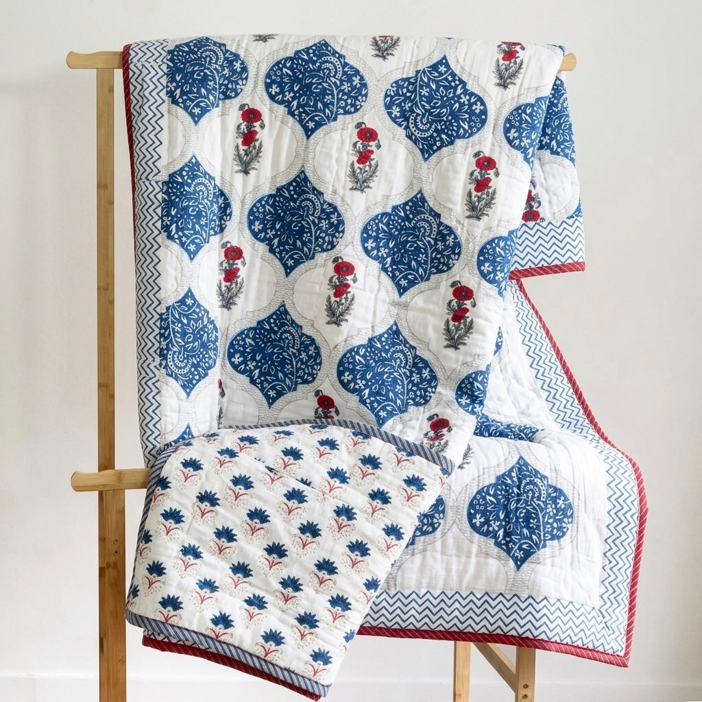 Jaal Buta Block Printed Reversible Cotton Quilt (Razai)