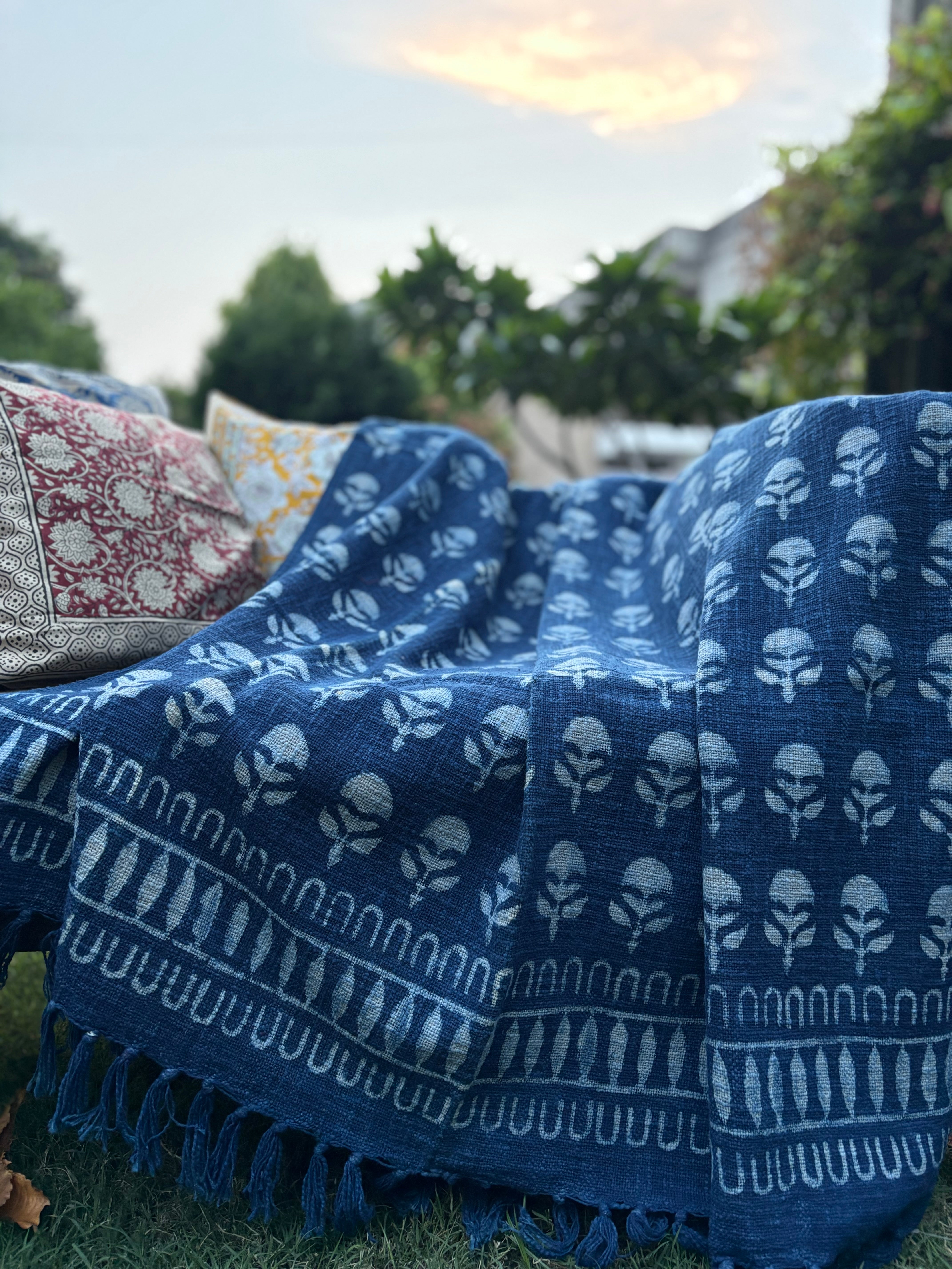 Hand Block Printed Indigo Sofa Throw