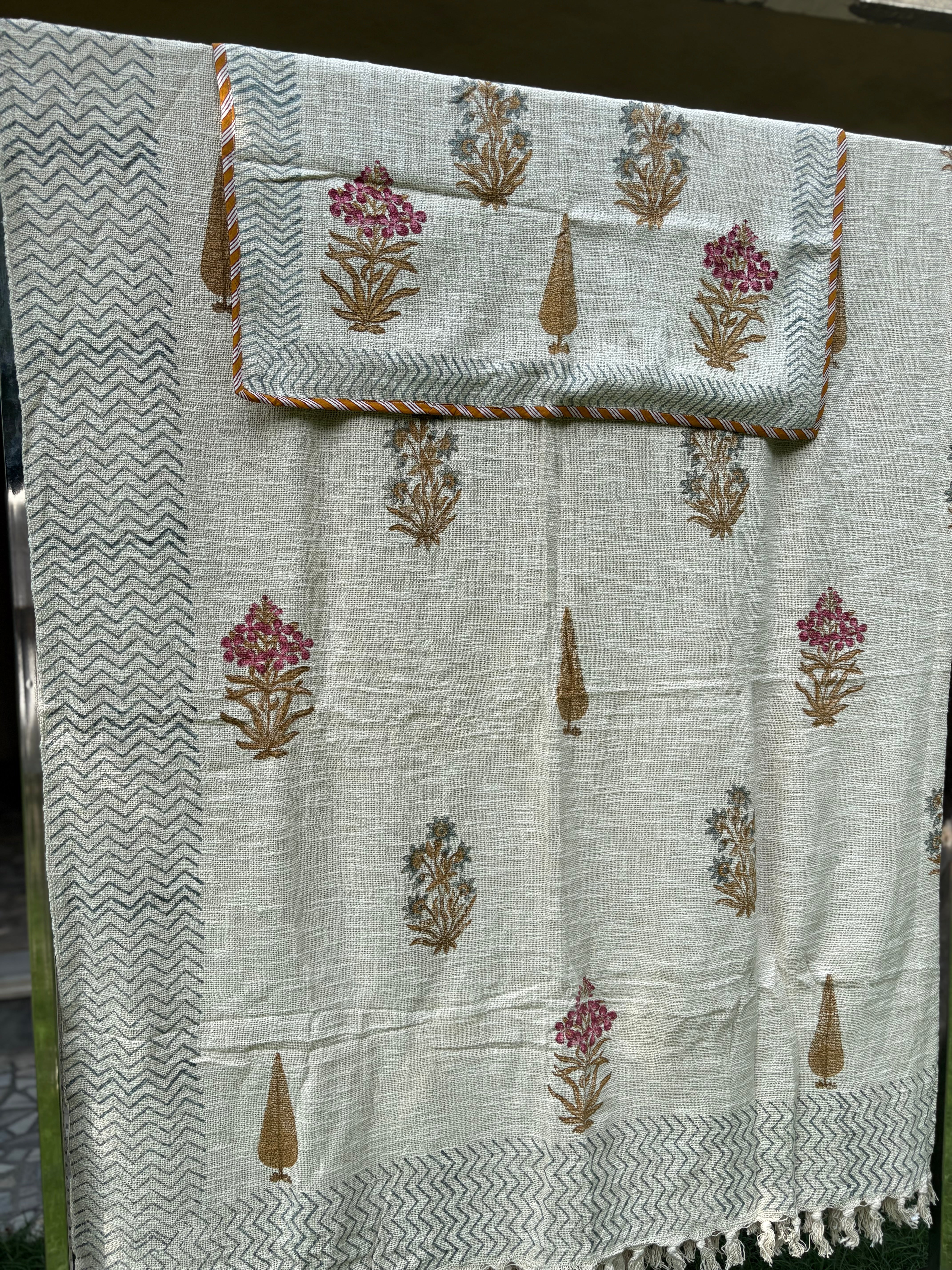 Poppy Hand Block Jute Bedcover