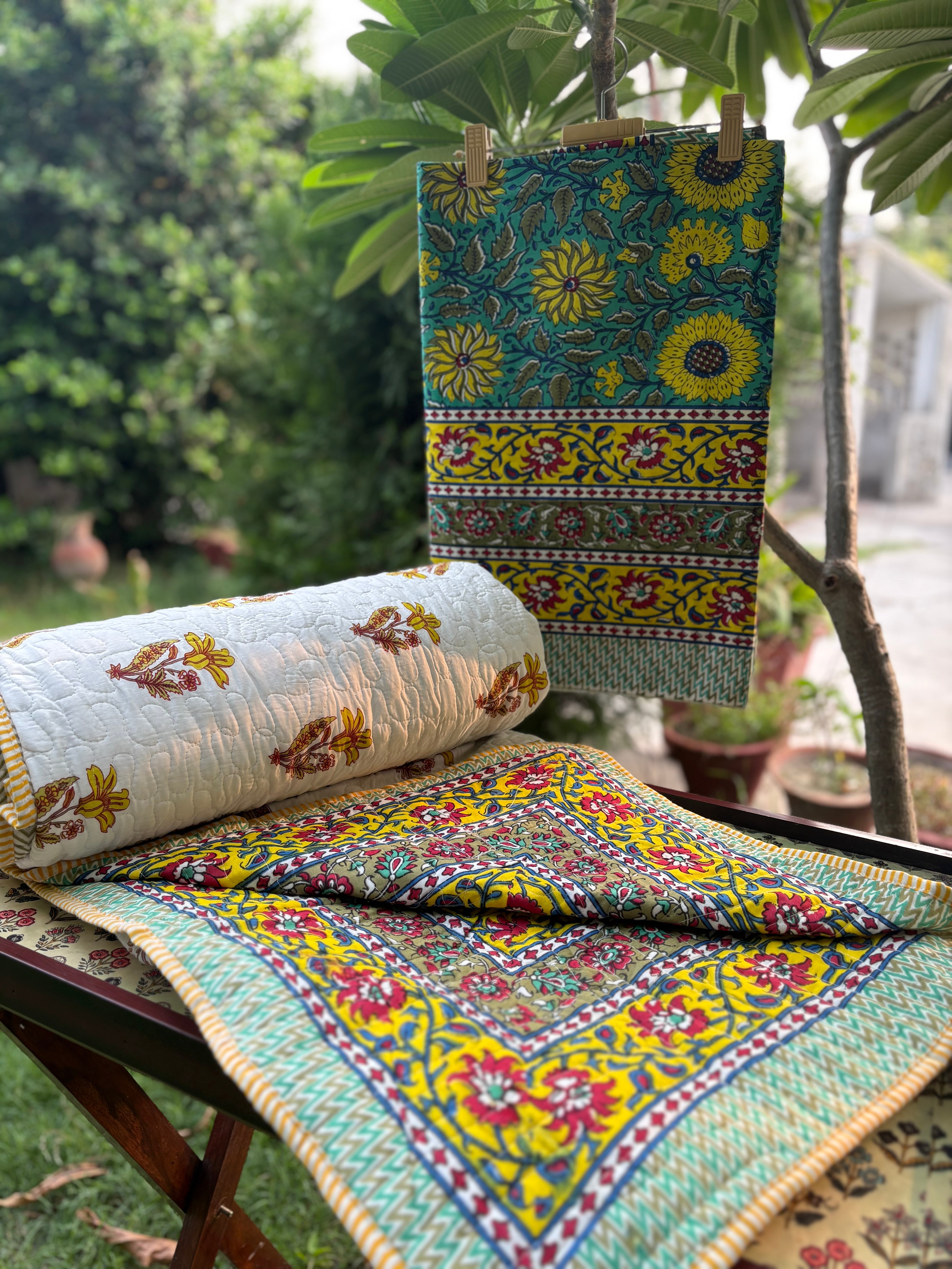 Hand Block Marigold Bedsheet & Reversible Comforter Set | 100% Cotton Bedding Set