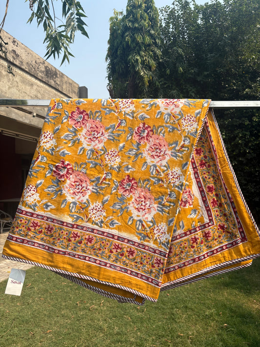 Mustard Handblock Dohar Pair (Mul Cotton) (60”x90”)