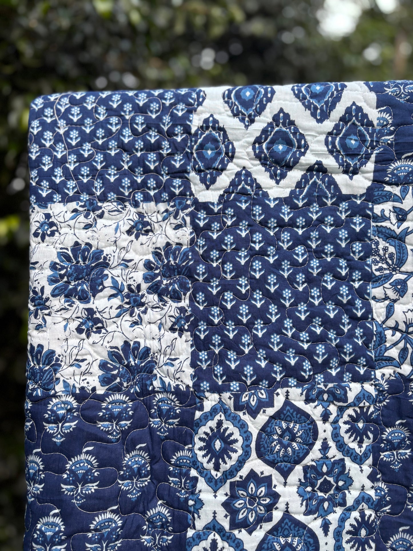 Hand Block Indigo Patchwork Bedsheet & Reversible Comforter Set | 100% Cotton Bedding Set
