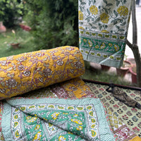 Hand Block Mustard Marigold Bedsheet & Reversible Comforter Set | 100% Cotton Bedding Set
