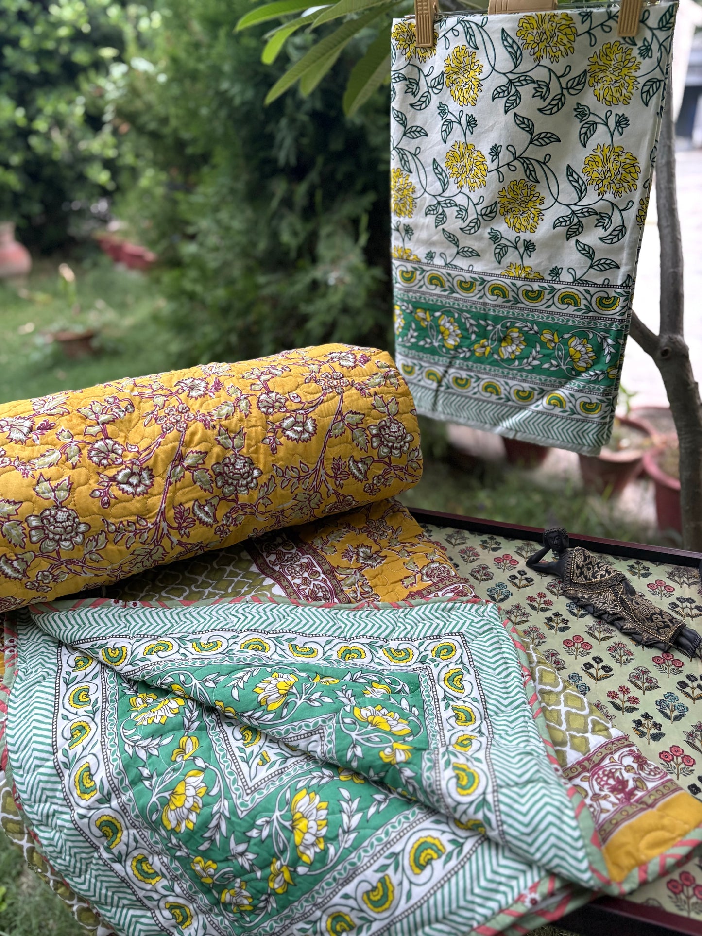 Hand Block Mustard Marigold Bedsheet & Reversible Comforter Set | 100% Cotton Bedding Set