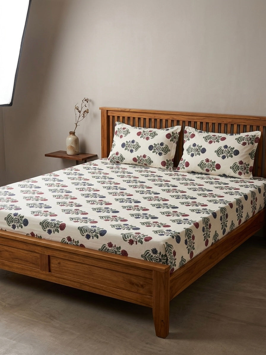 Fitted Floral Handblock Bedsheet
