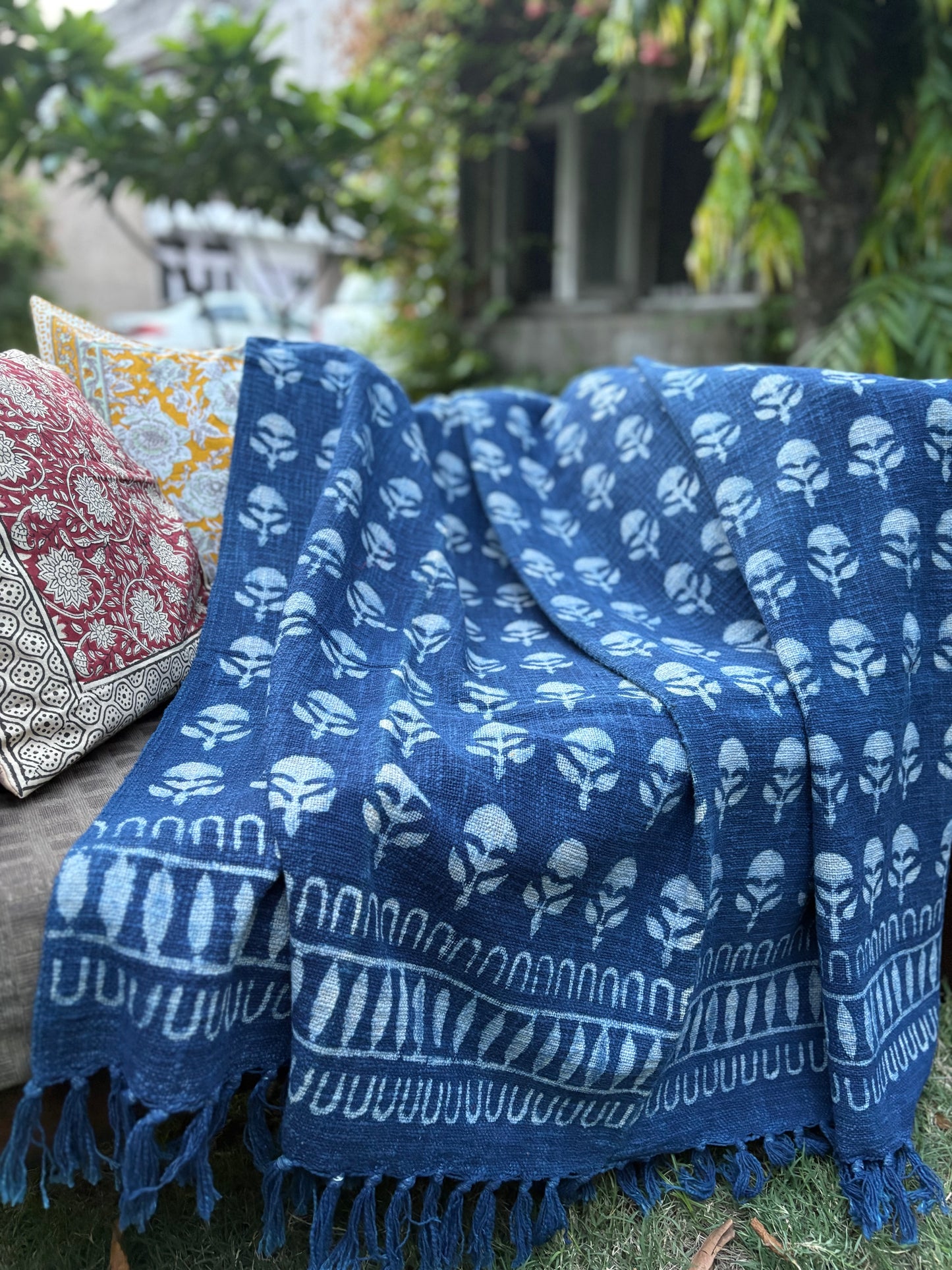 Hand Block Printed Indigo Sofa Throw