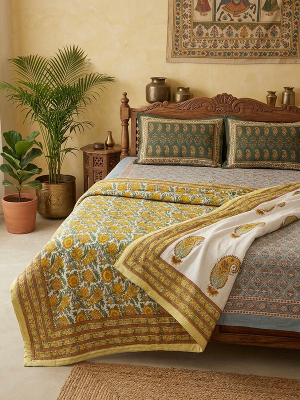 Yellow Paisley Block Printed Reversible Dohar