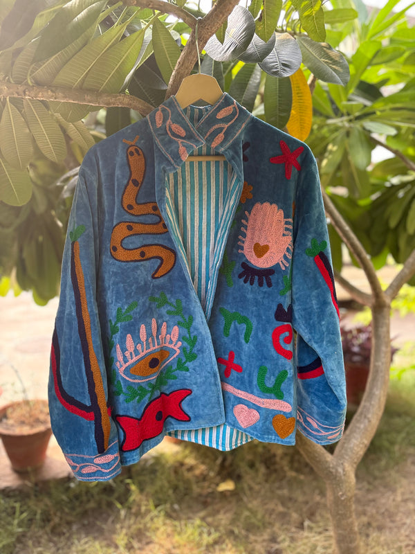 Cyan Snake Hand Embroidered Suzani Jacket