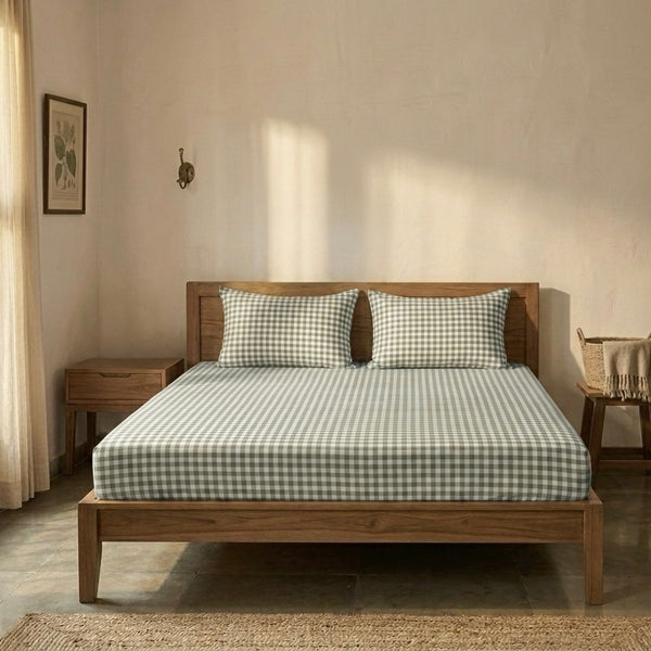 Dark Green Gingham Checks Cotton Bedsheet