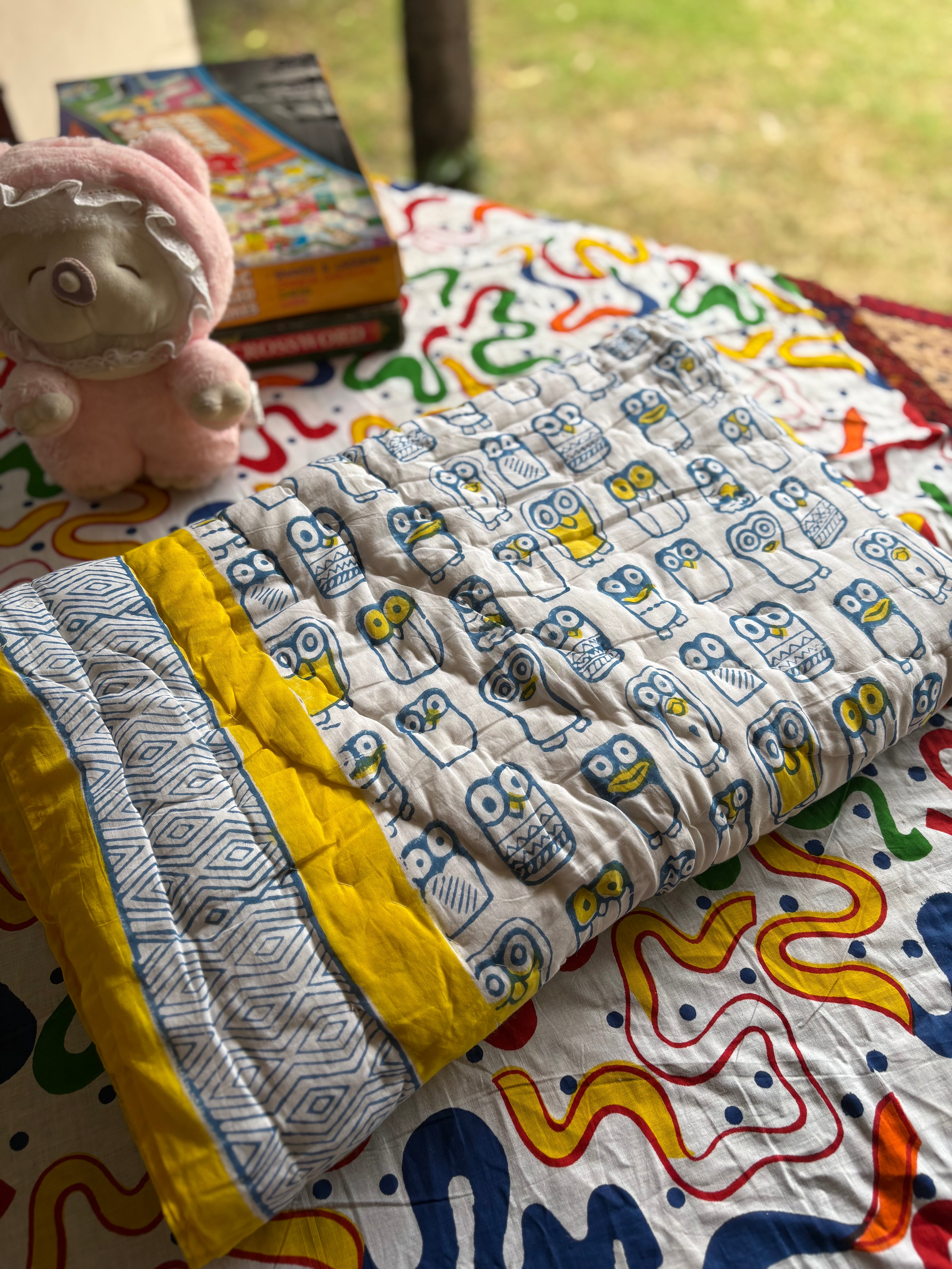 Yellow Penguin Handblock Baby Quilt (Surgical Cotton)