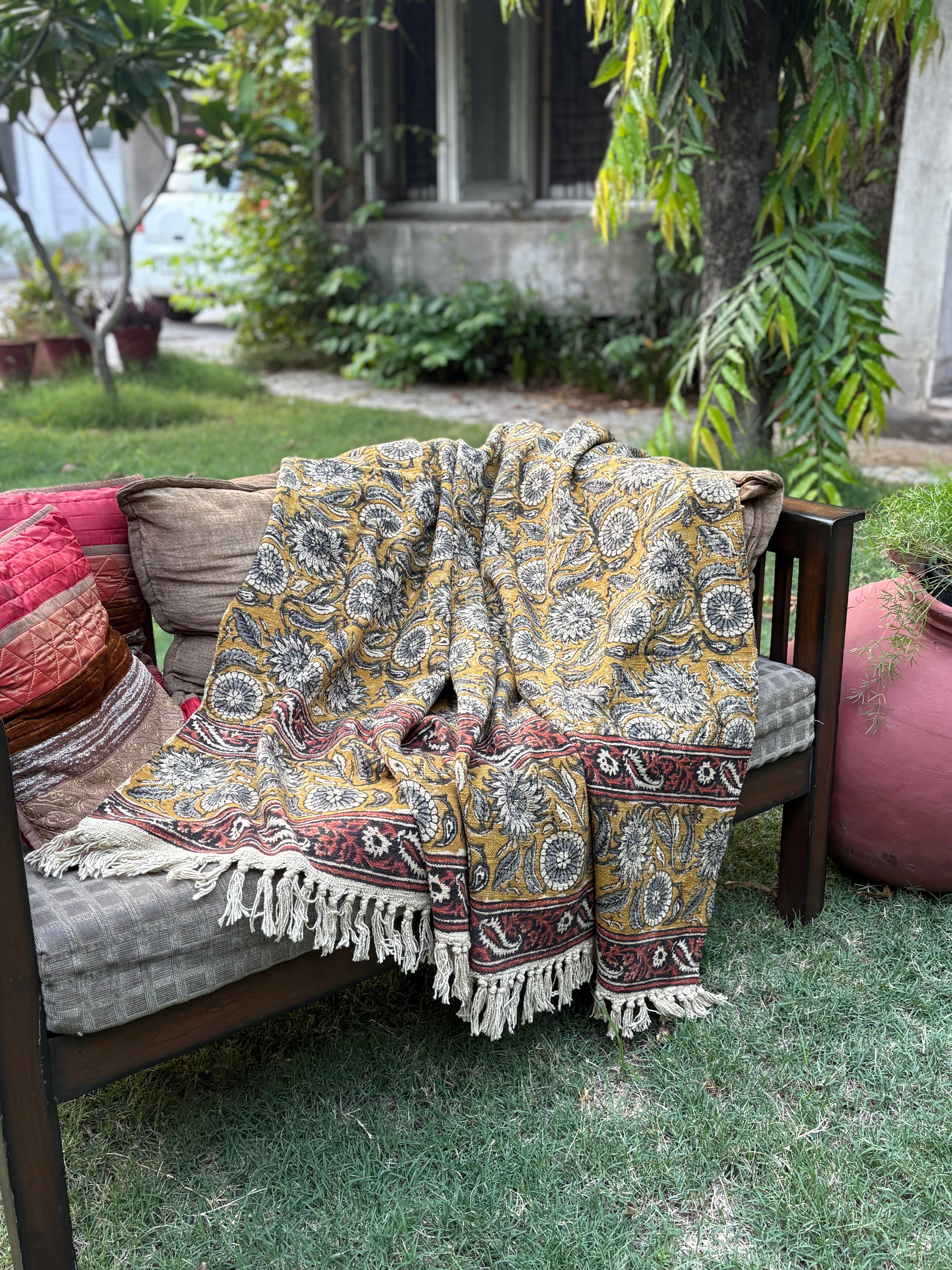 Hand Block Kalamkari Sofa Throw