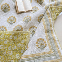 Yellow Floral Block Printed Reversible Cotton Quilt (Razai)