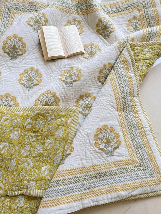 Yellow Floral Block Printed Reversible Cotton Quilt (Razai)