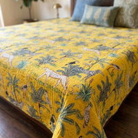Yellow Jungle Kantha Quilted Bedcover