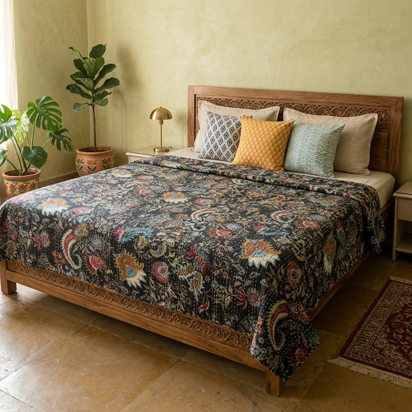 Byzantine Black Kantha Quilted Bedcover