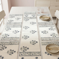 Table with floral-patterned table runner and white plates on a light-colored wall background