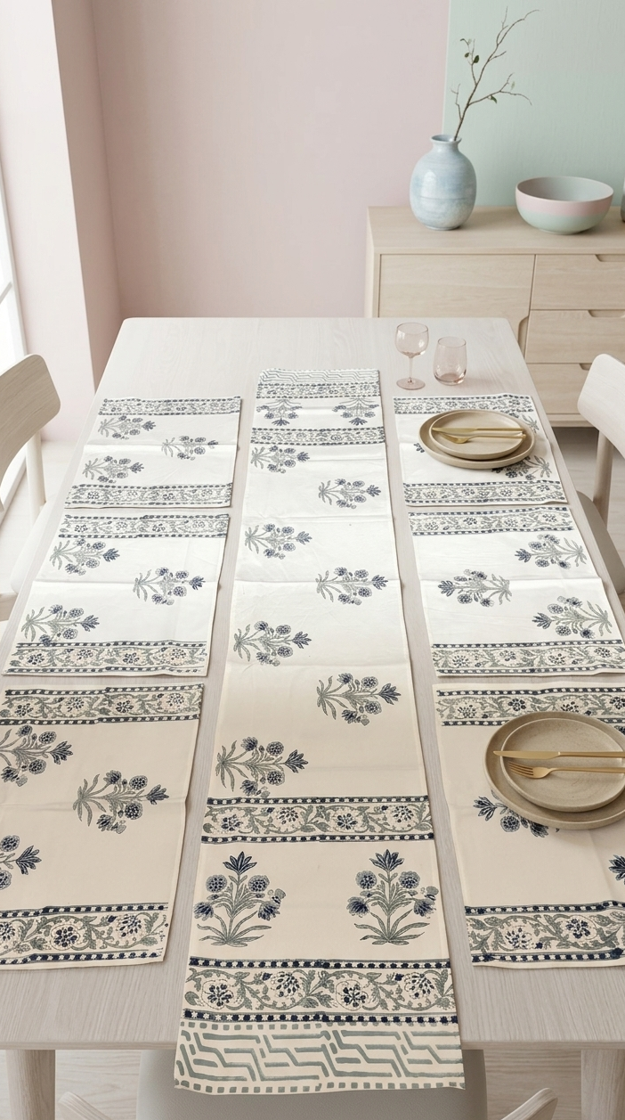 Table with floral-patterned table runner and white plates on a light-colored wall background