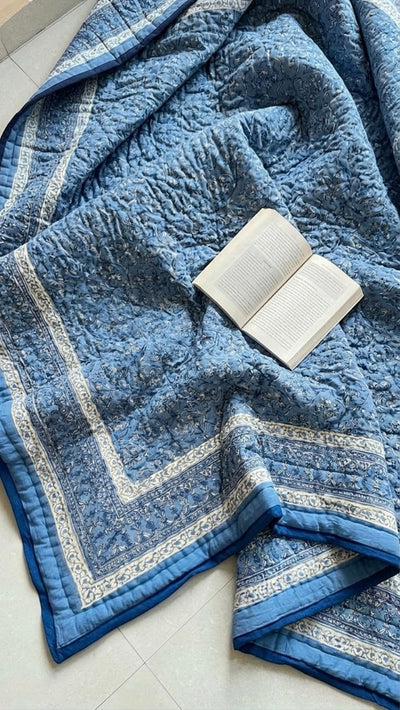 Blue Block Printed Reversible Cotton Quilt (Razai)