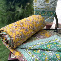 Hand Block Mustard Marigold Bedsheet & Reversible Comforter Set | 100% Cotton Bedding Set
