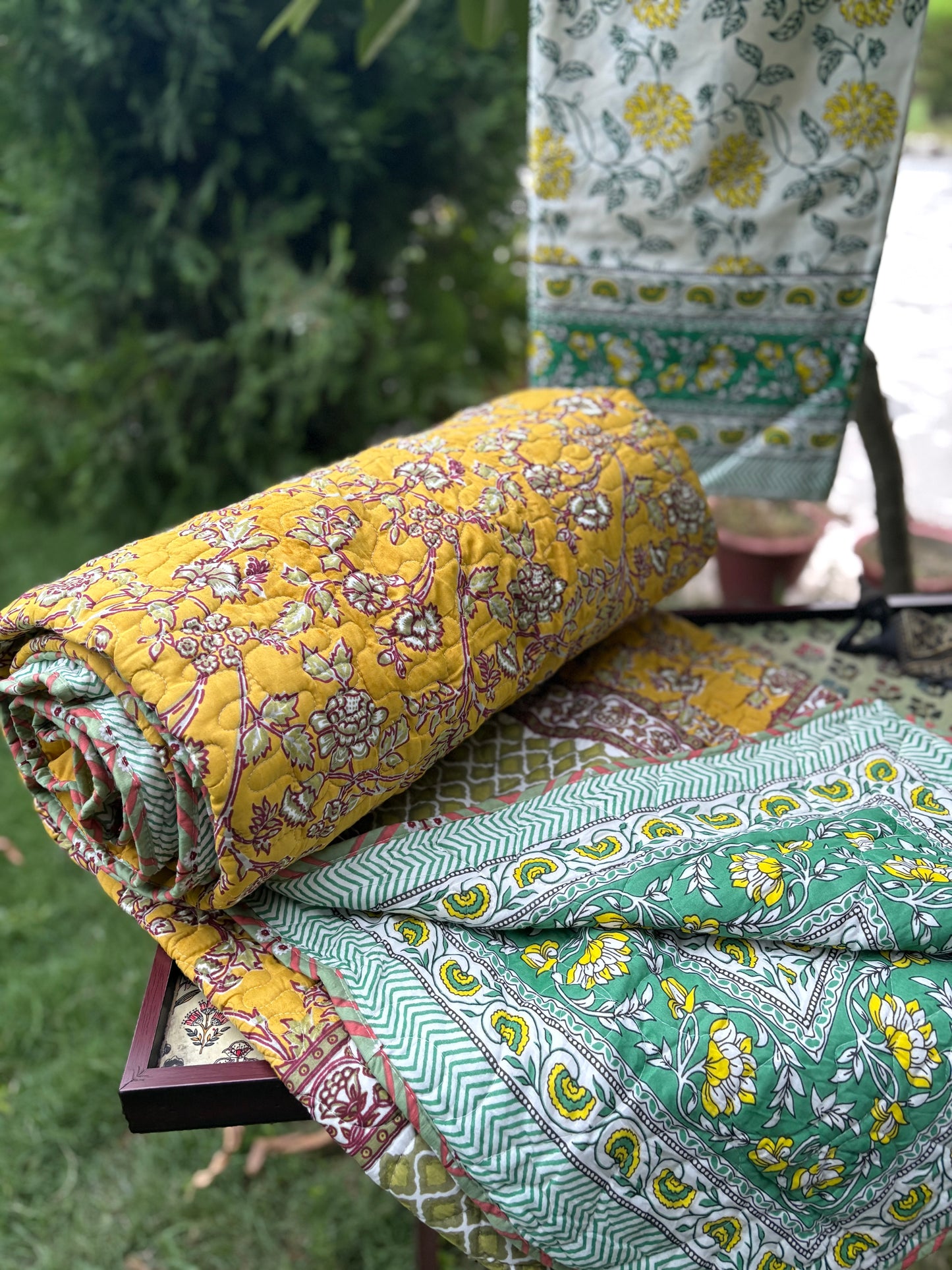 Hand Block Mustard Marigold Bedsheet & Reversible Comforter Set | 100% Cotton Bedding Set