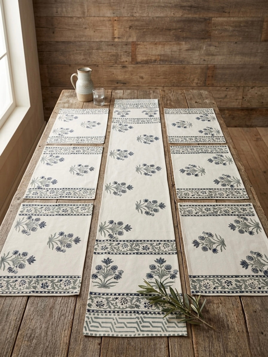 Set of floral-patterned table runners on a wooden table with a rustic background.