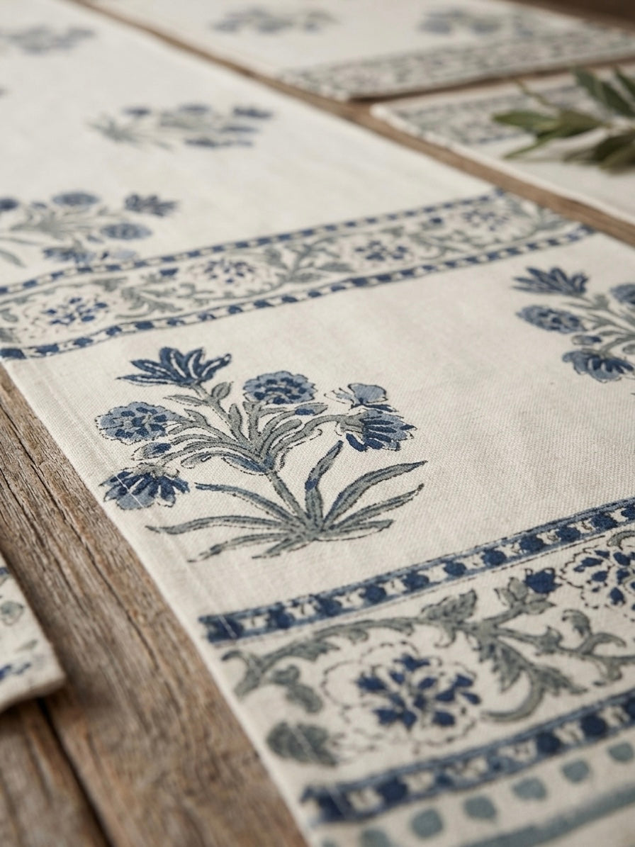 Close-up of a decorative table runner with floral patterns on a wooden surface.