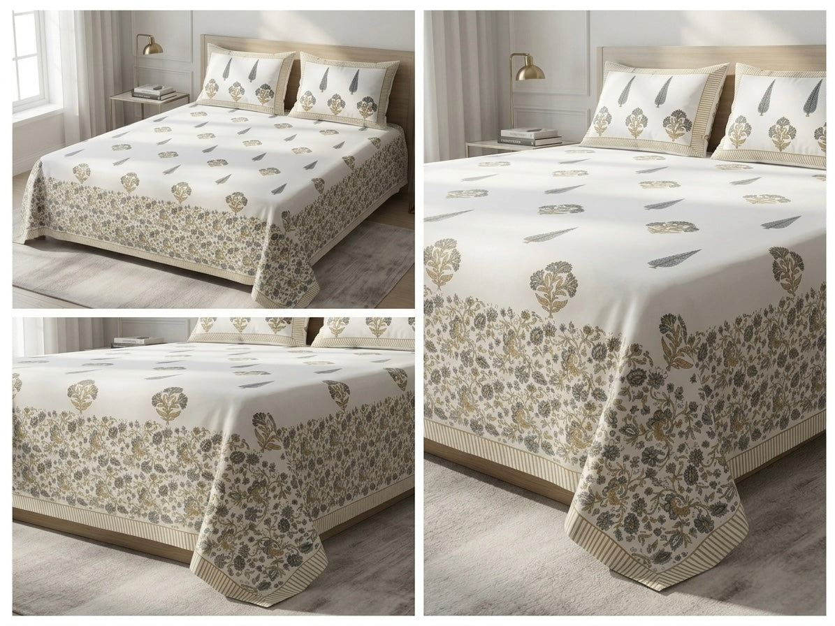 Savai Home Floral block printed bedspread on a bed with matching pillows in a bedroom setting.
