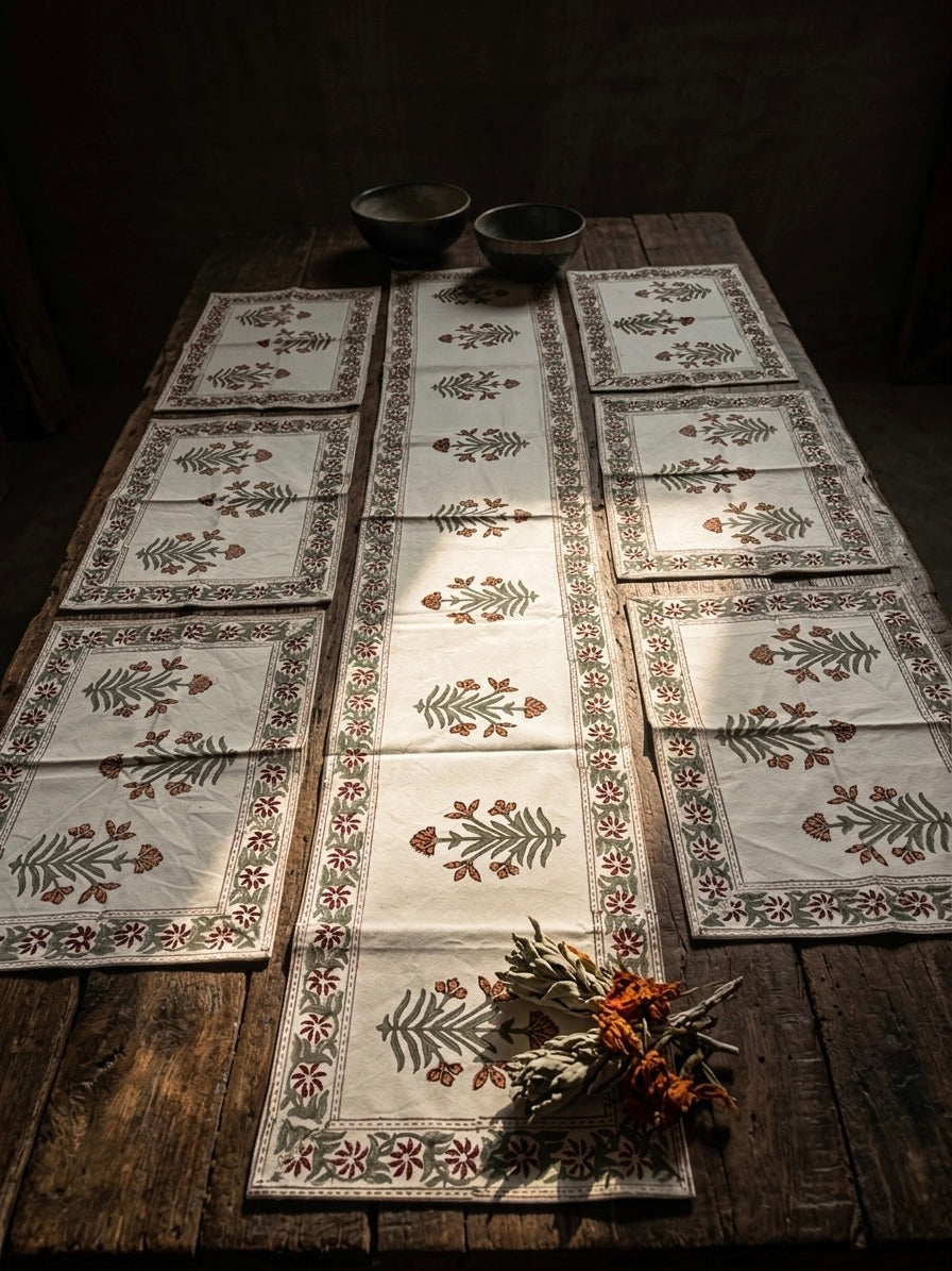 Set of patterned table runners and placemats on a wooden table with a dark background