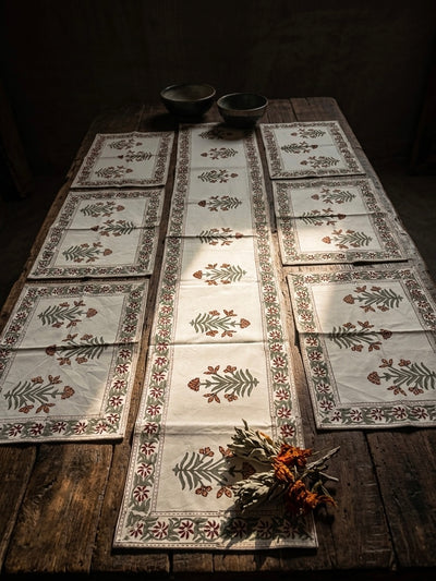 Hand Block Canvas Table Runner & 6 Mats Set