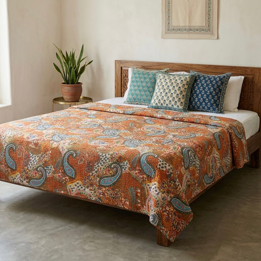 Orange Paisley Kantha Quilted Bedcover
