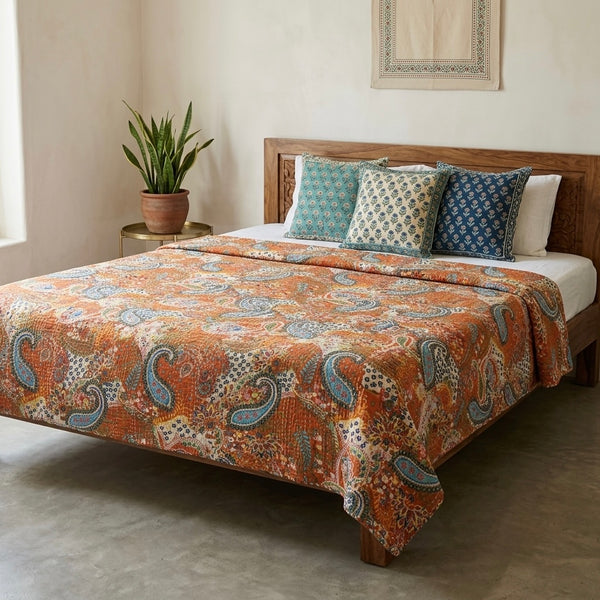 Orange Paisley Kantha Quilted Bedcover
