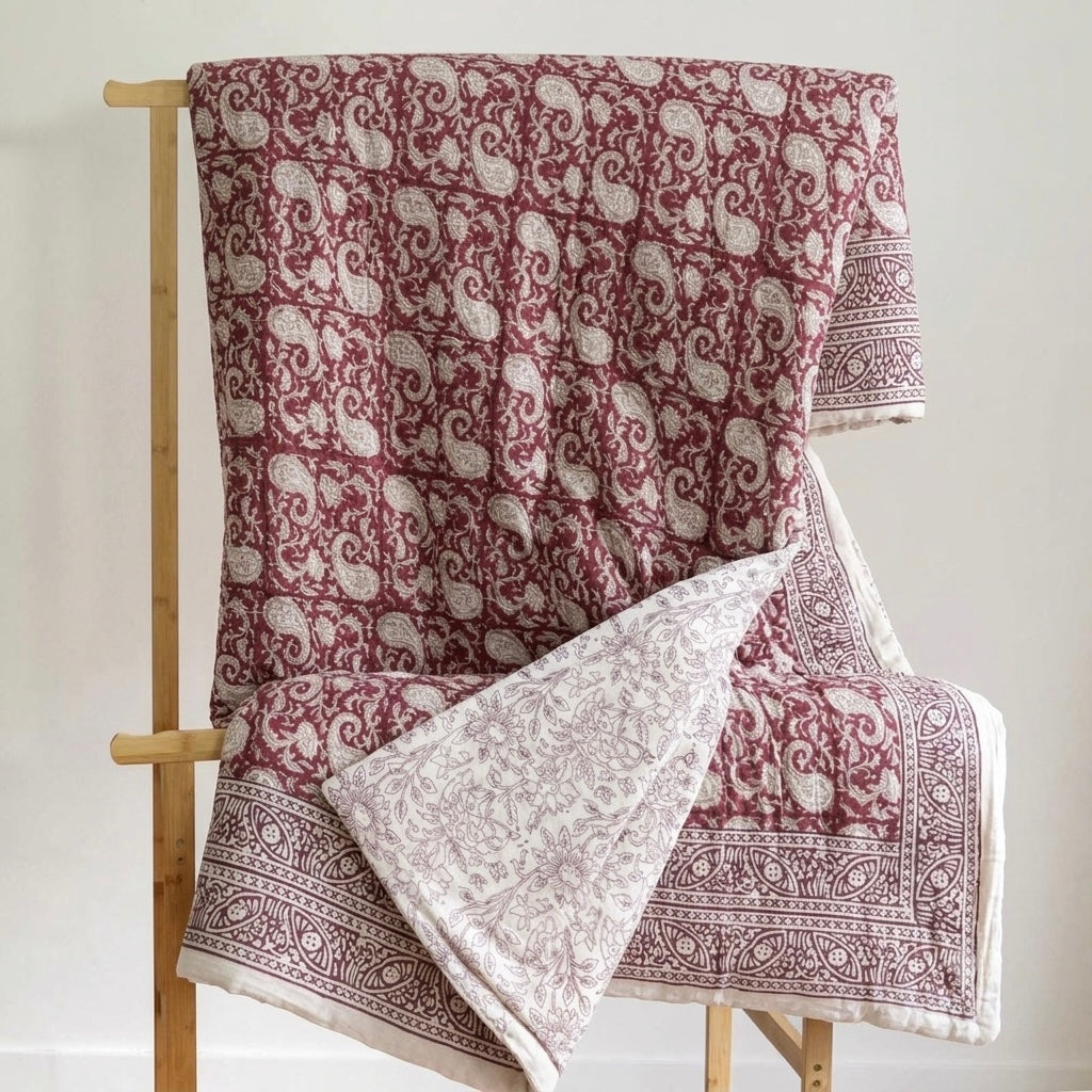 Red Paisley Block Printed Reversible Cotton Quilt (Razai)