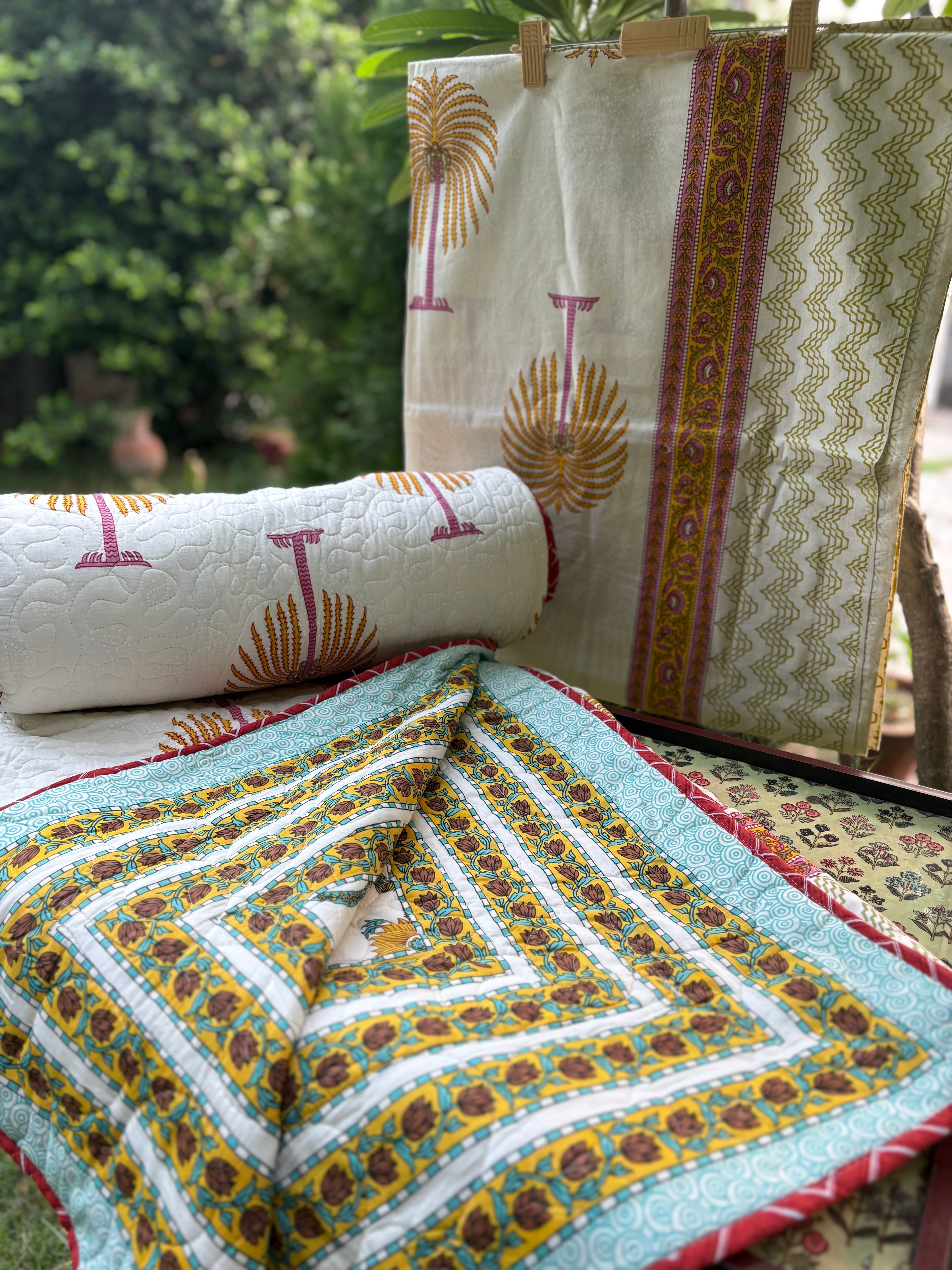 Hand Block Palm Bedsheet & Reversible Comforter Set | 100% Cotton Bedding Set