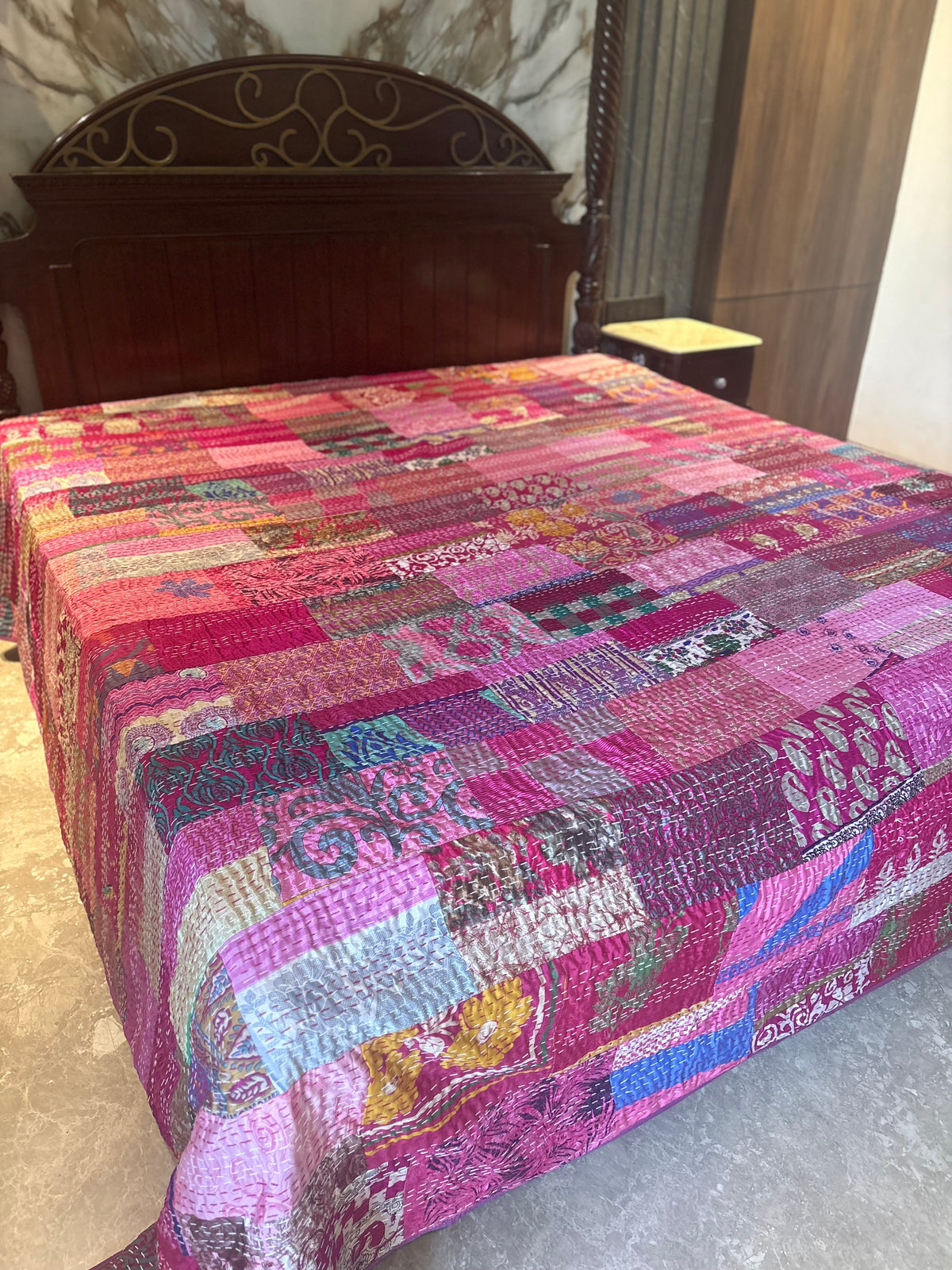 Silk Kantha Quilted Bedcover (Magenta)