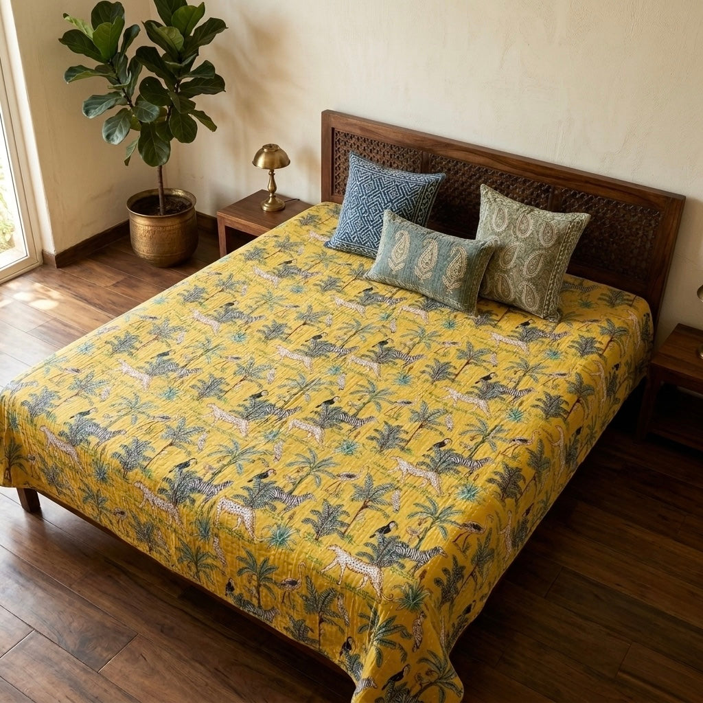 Yellow Jungle Kantha Quilted Bedcover