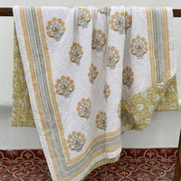 Yellow Floral Block Printed Reversible Cotton Quilt (Razai)