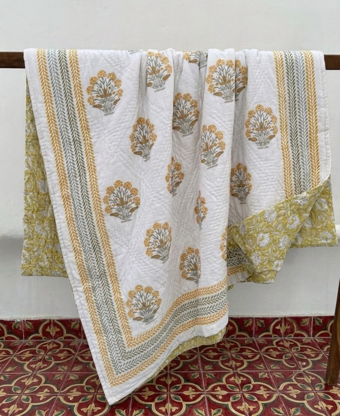 Yellow Floral Block Printed Reversible Cotton Quilt (Razai)