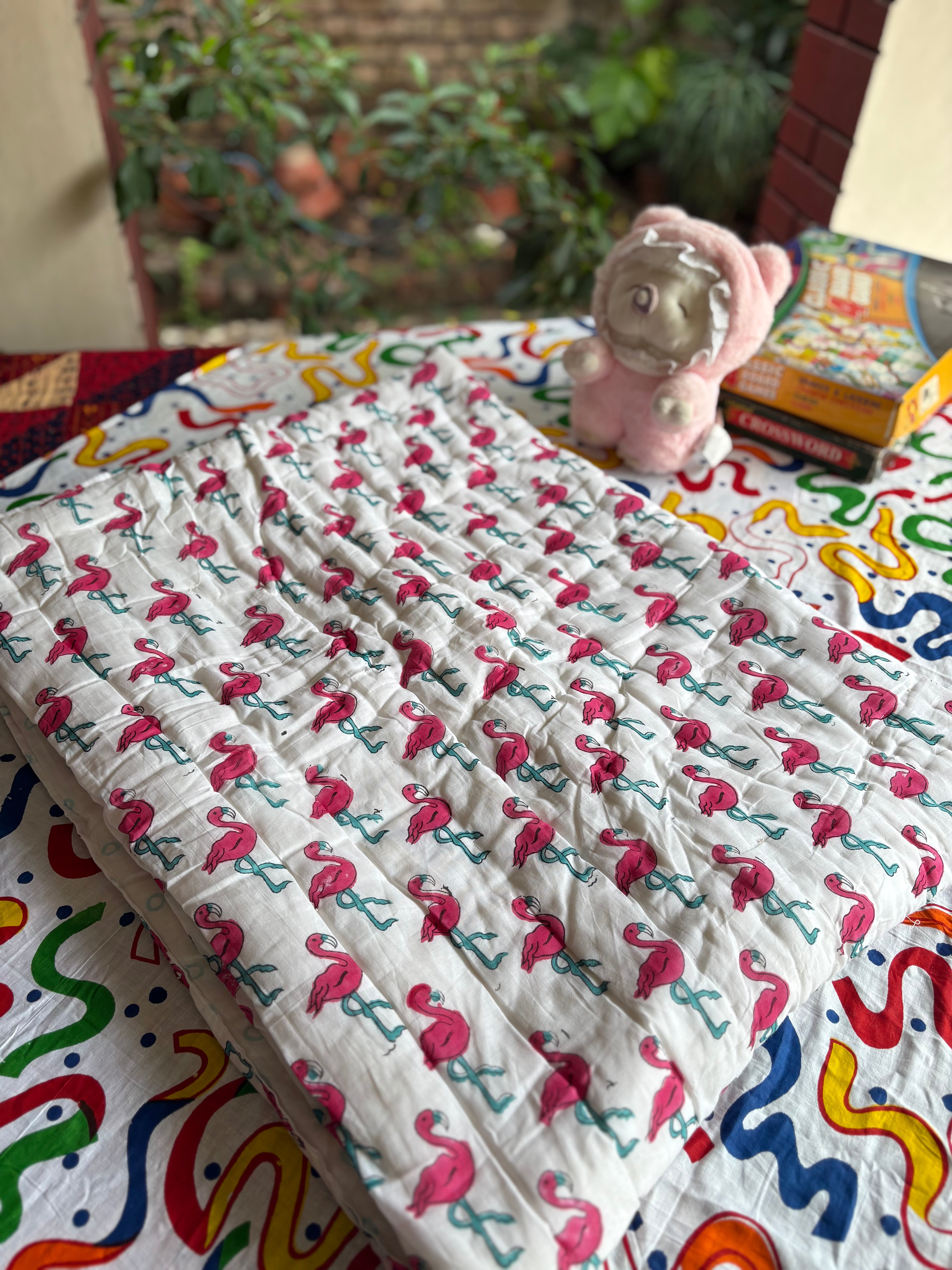 Flamingo Handblock Baby Quilt (Surgical Cotton)
