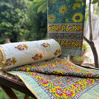 Hand Block Marigold Bedsheet & Reversible Comforter Set | 100% Cotton Bedding Set