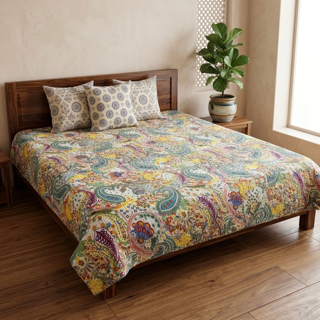 Paisley Pop Kantha Quilted Bedcover
