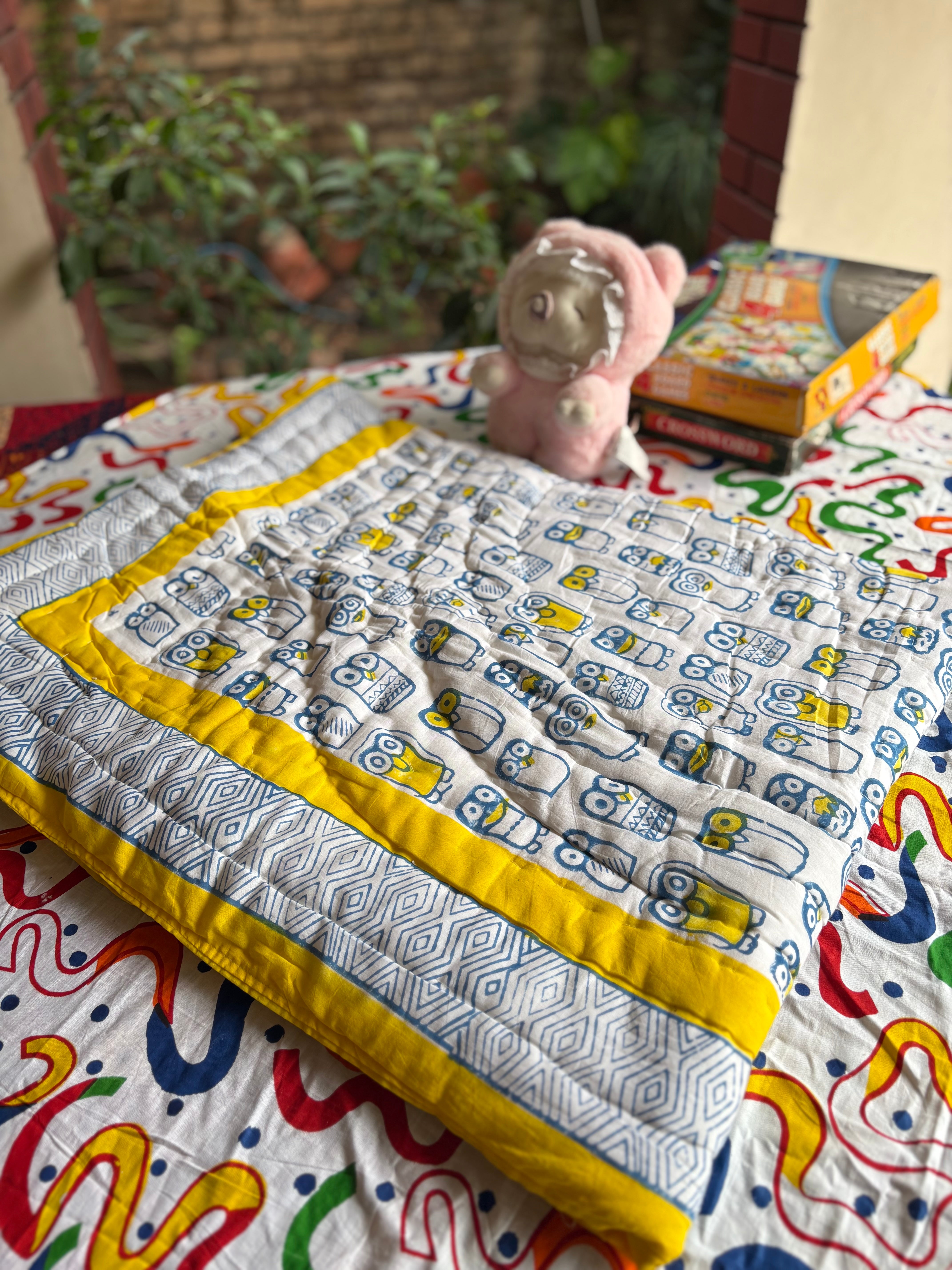 Yellow Penguin Handblock Baby Quilt (Surgical Cotton)