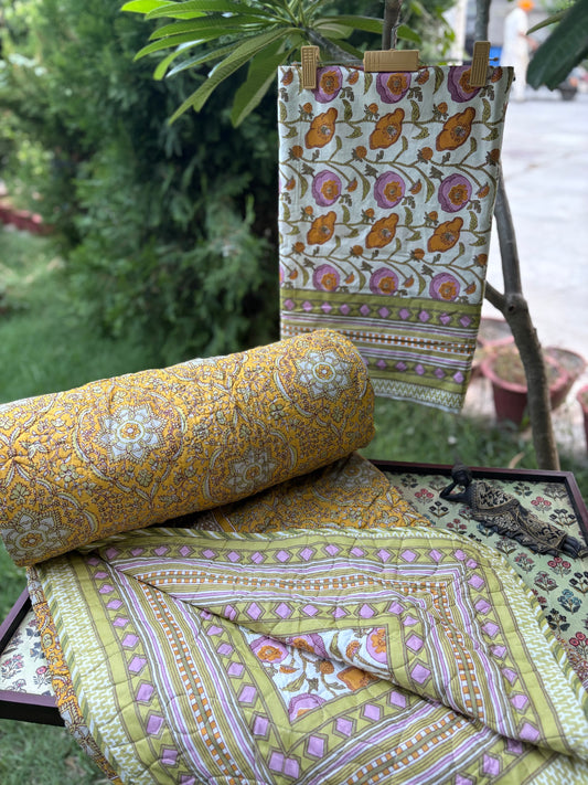 Hand Block Poppy Mustard Bedsheet & Reversible Comforter Set | 100% Cotton Bedding Set