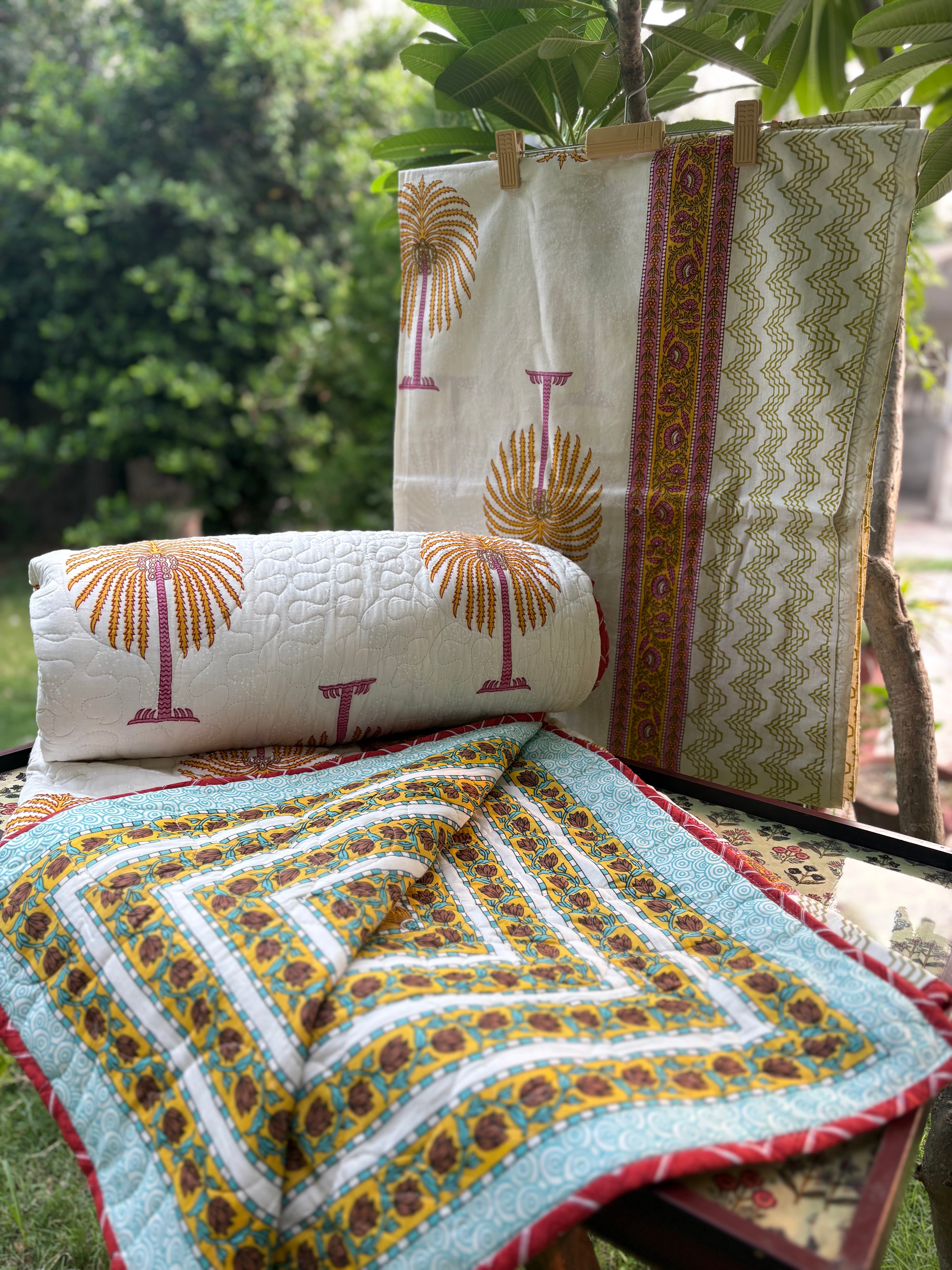 Hand Block Palm Bedsheet & Reversible Comforter Set | 100% Cotton Bedding Set