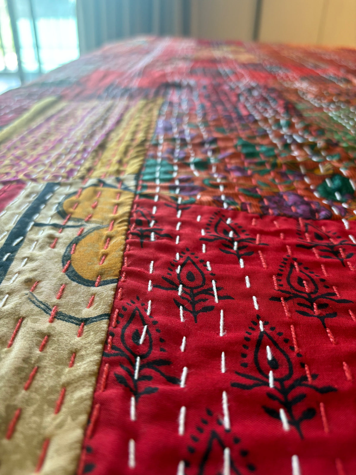 Silk Kantha Quilted Bedcover (Red)