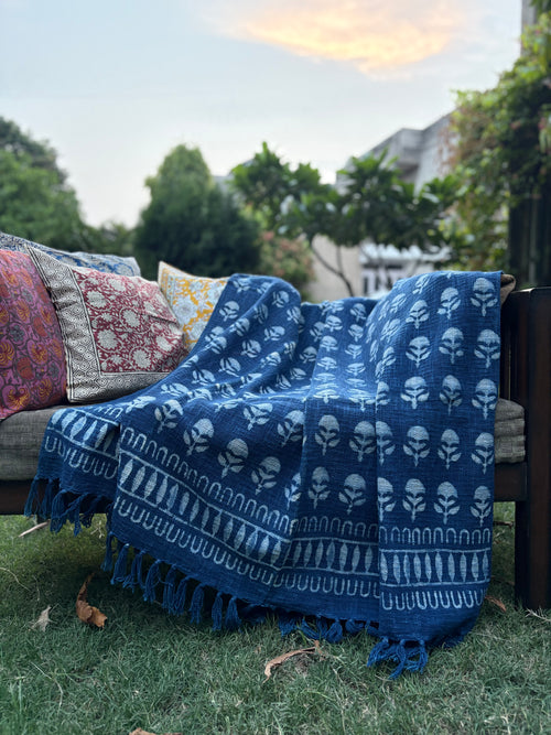 Hand Block Printed Indigo Sofa Throw