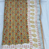 Yellow Floral Block Printed Reversible Cotton Quilt (Razai)