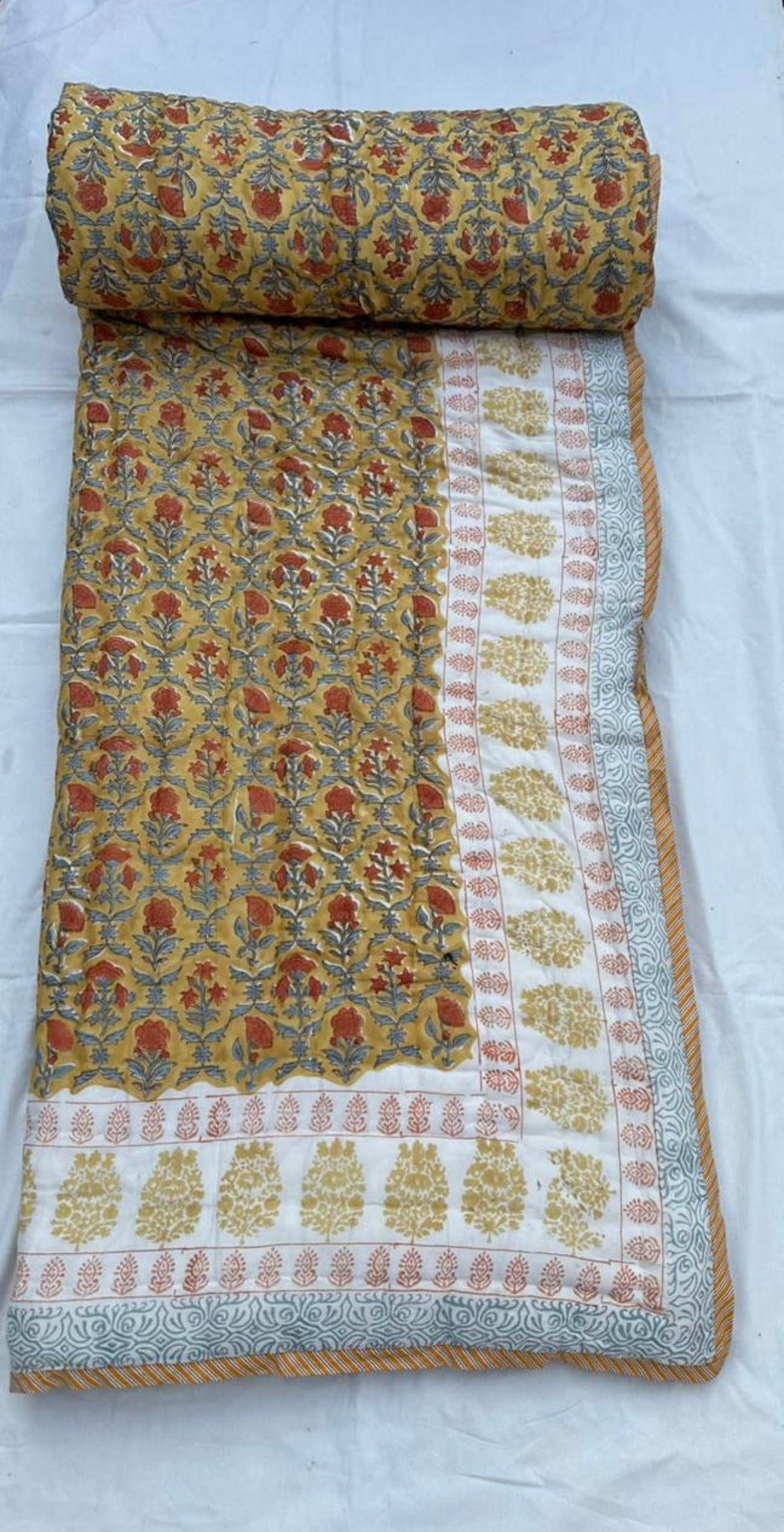Yellow Floral Block Printed Reversible Cotton Quilt (Razai)